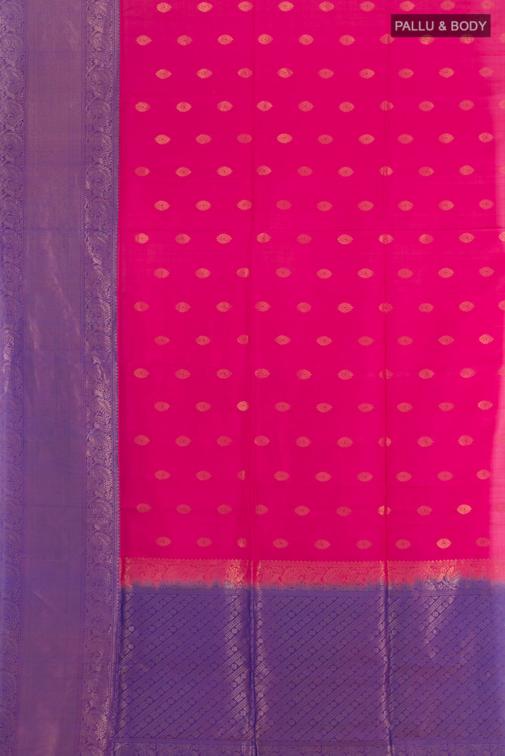 Flat view of Dark Pink Soft Silk Saree with Zari Butta on the body and Zari Border. 