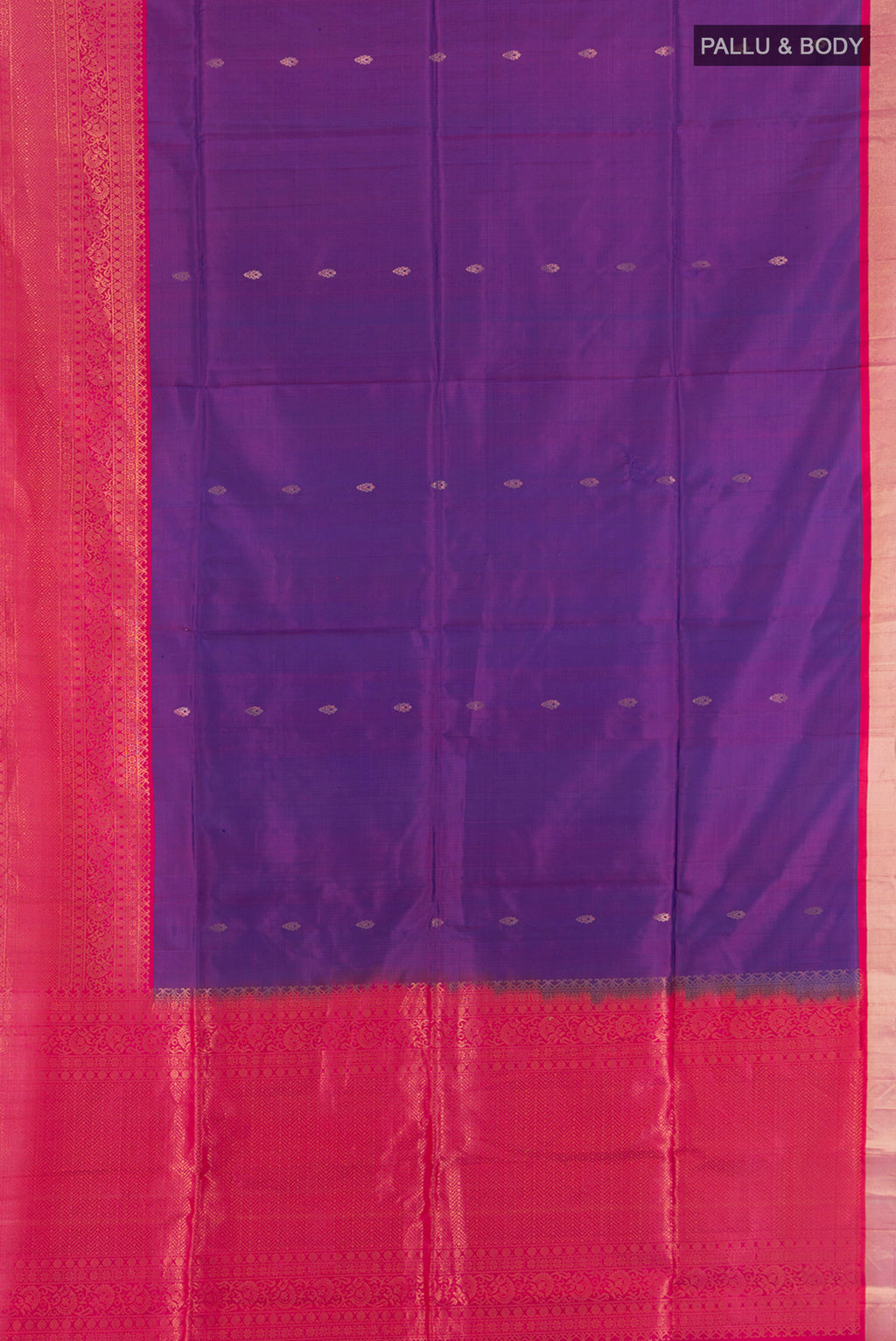 Flat view of Violet Soft Silk Saree with Zari Butta on the body and Silk Border. 