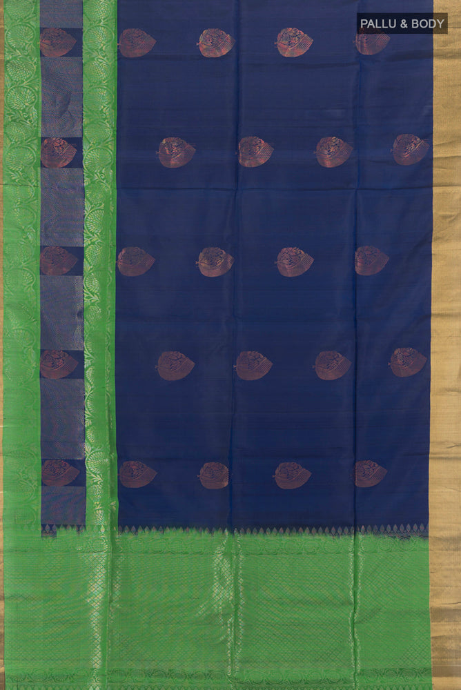 Flat view of Pure Silk Pure Zari Navy Blue Soft Saree with Zari Butta on the body and Silk Border. 