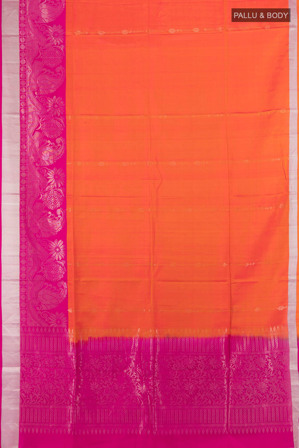 Flat view of Pure Silk Orange Soft Saree with Zari Butta on the body and Fancy Border. 