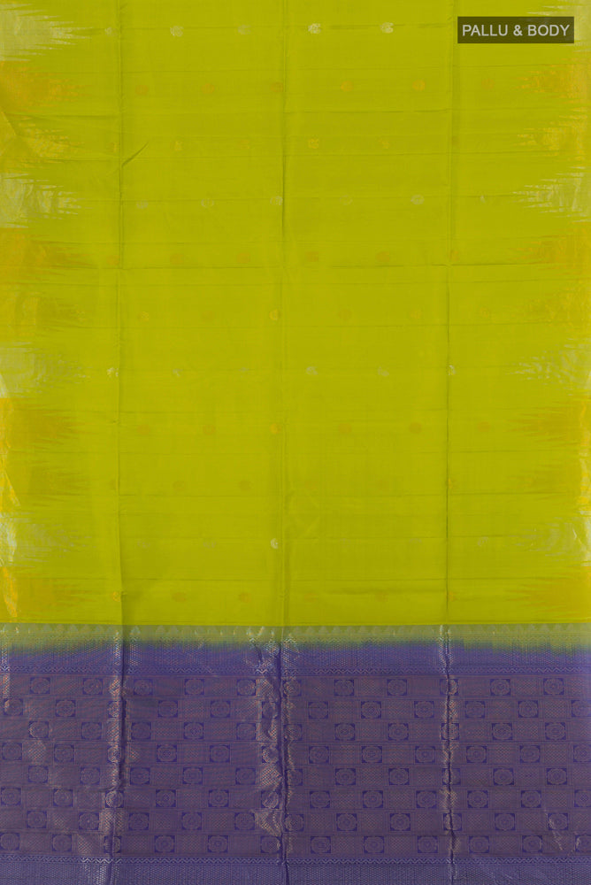 Flat view of Parrot Green Soft Silk Saree with Zari Butta on the body and Silk Border. 