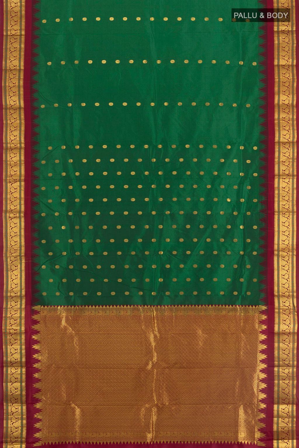 Flat view of Bottle Green Kanchipuram Silk Saree with Zari Butta on the body and Zari Border. 