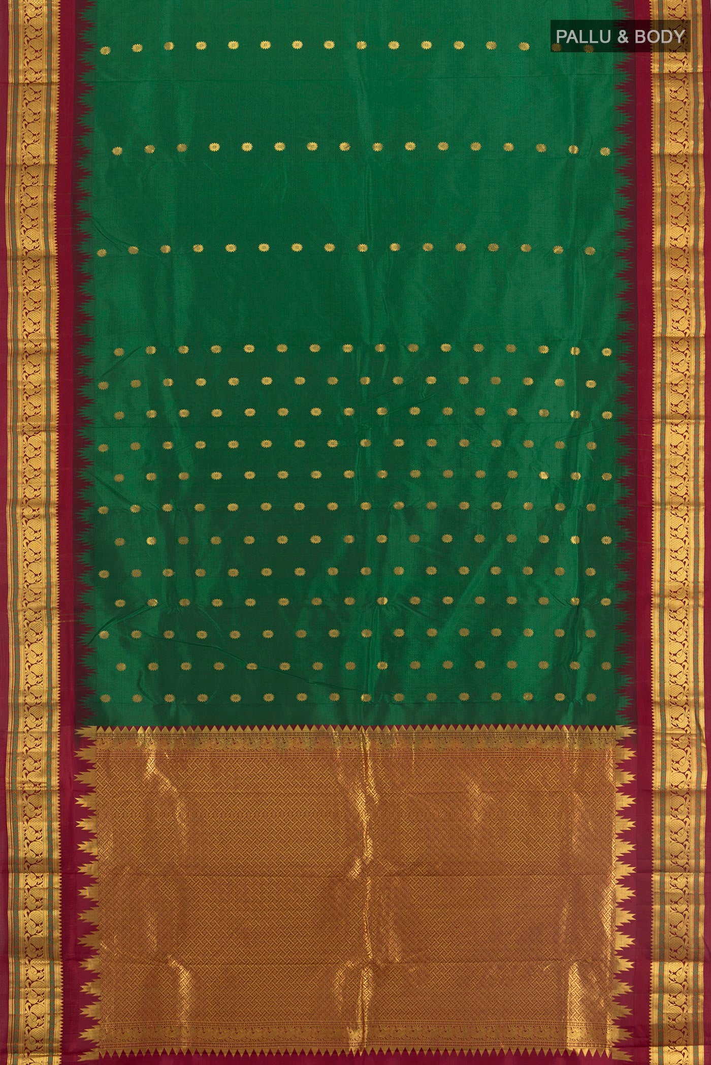Flat view of Bottle Green Kanchipuram Silk Saree with Zari Butta on the body and Zari Border. 