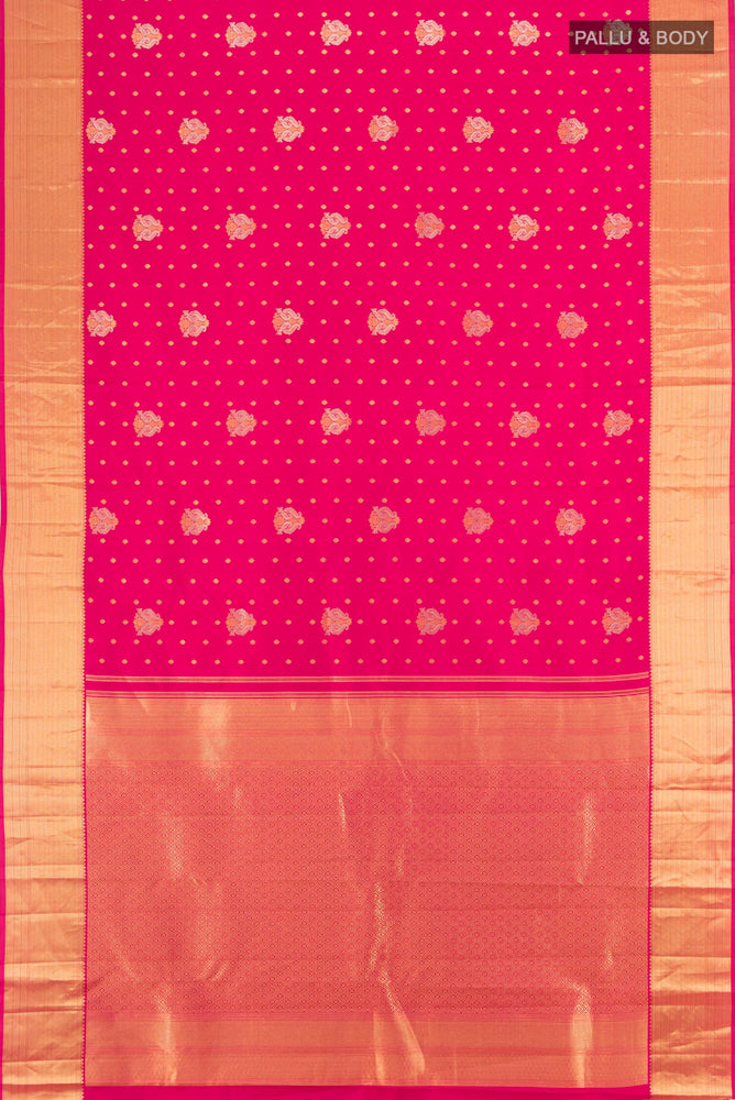 Flat view of Pure Silk Pure Zari Dark Pink Kanchipuram Saree with Zari Butta on the body and Silk Border. 
