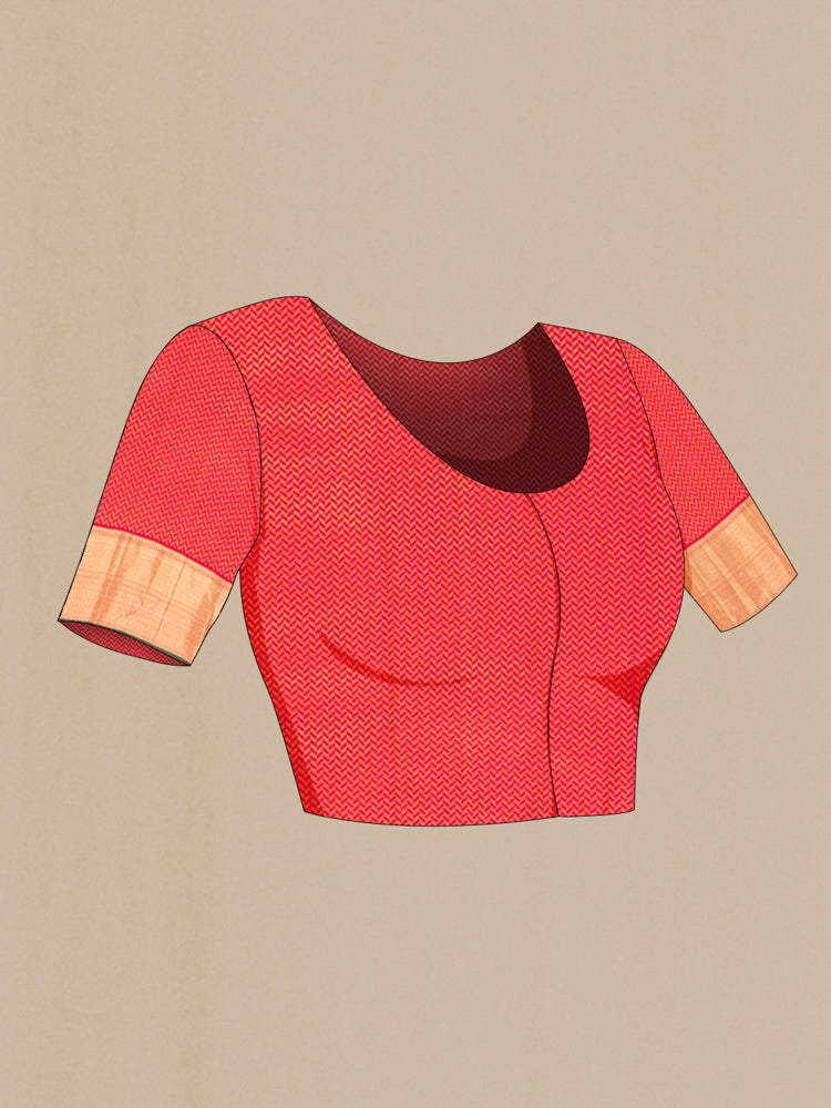 Close up image of the blouse of Pure Silk Pure Zari Peach Kanchipuram Saree with Zari Butta on the body and Silk Border. 
