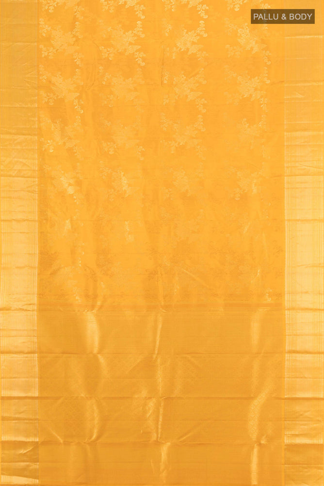 Flat view of Yellow Kanjivaram Silk Saree with Zari Butta on the body and Silk Border. 