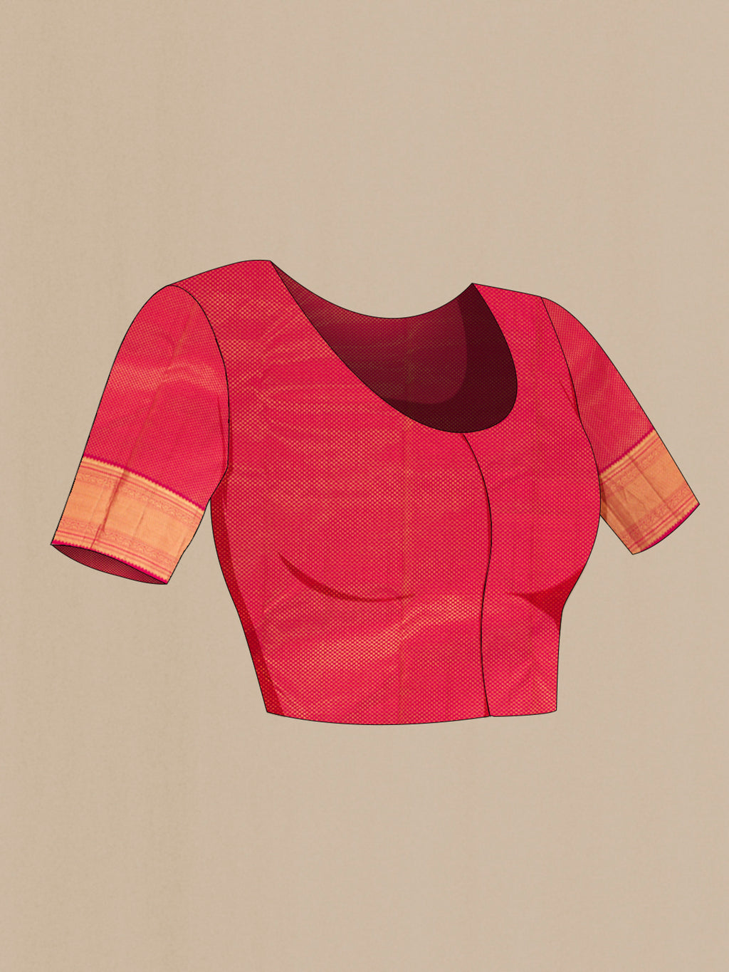 Close up image of the blouse of Pure Silk Dark Pink Kanjivaram Saree with Zari Brocade on the body and Zari Border. 