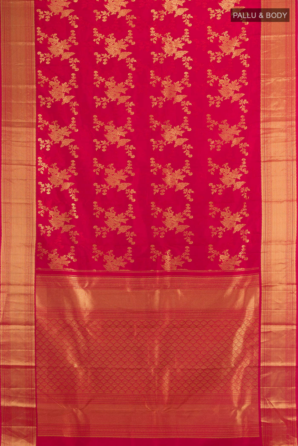 Flat view of Pure Silk Dark Pink Kanjivaram Saree with Zari Brocade on the body and Zari Border. 