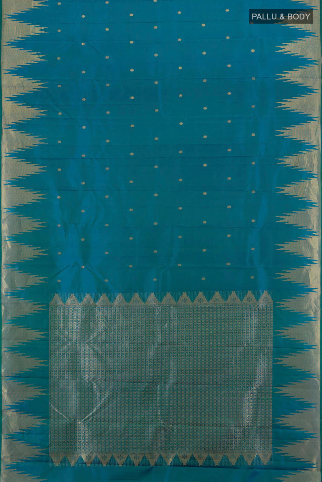 Flat view of Peacock Blue Kanchipuram Silk Saree with Zari Butta on the body and Temple Border. 