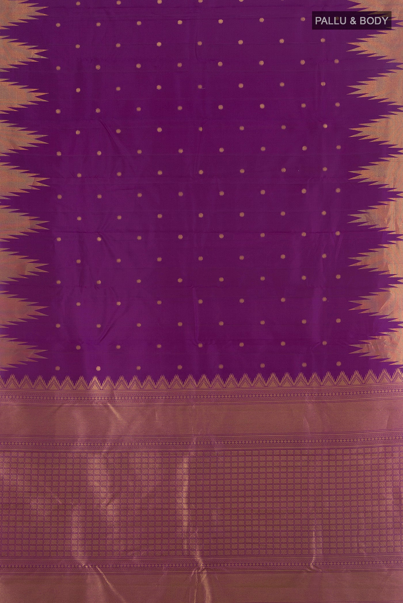 Flat view of Pure Silk Pure Zari Violet Kanchipuram Saree with Zari Butta on the body and Silk Border. 