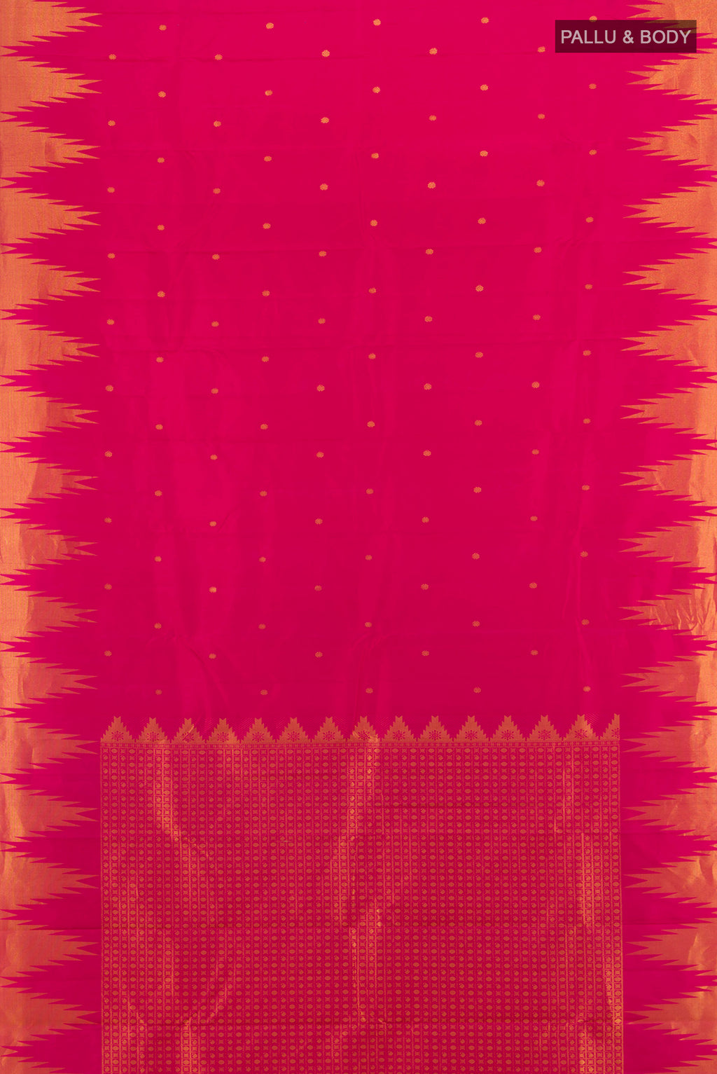 Flat view of Pink Kanchipuram Silk Saree with Zari Butta on the body and Temple Border. 