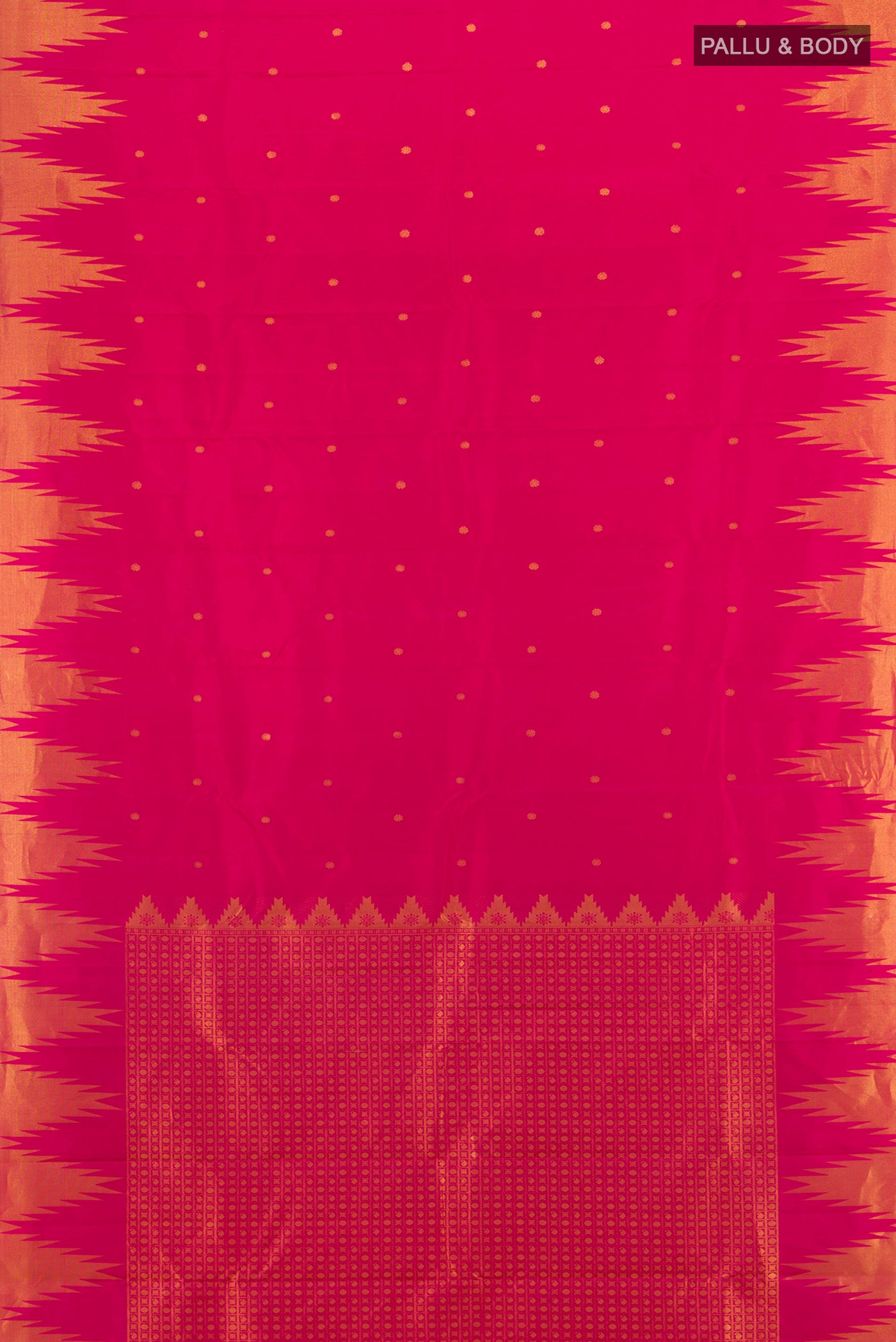 Flat view of Pink Kanchipuram Silk Saree with Zari Butta on the body and Temple Border. 
