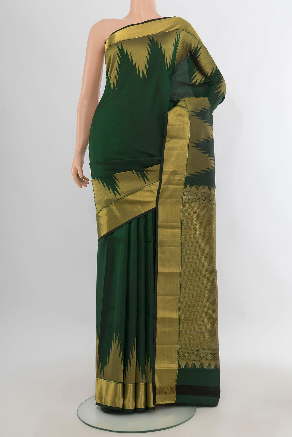 Pure Silk Bottle Green Kanchipuram Saree with Plain Body and Temple Border.  displayed on a mannequin