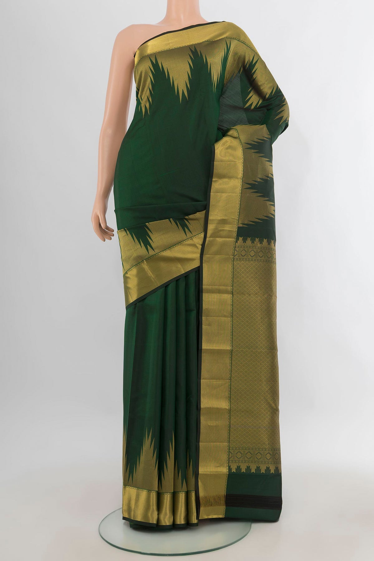 Pure Silk Bottle Green Kanchipuram Saree with Plain Body and Temple Border.  displayed on a mannequin
