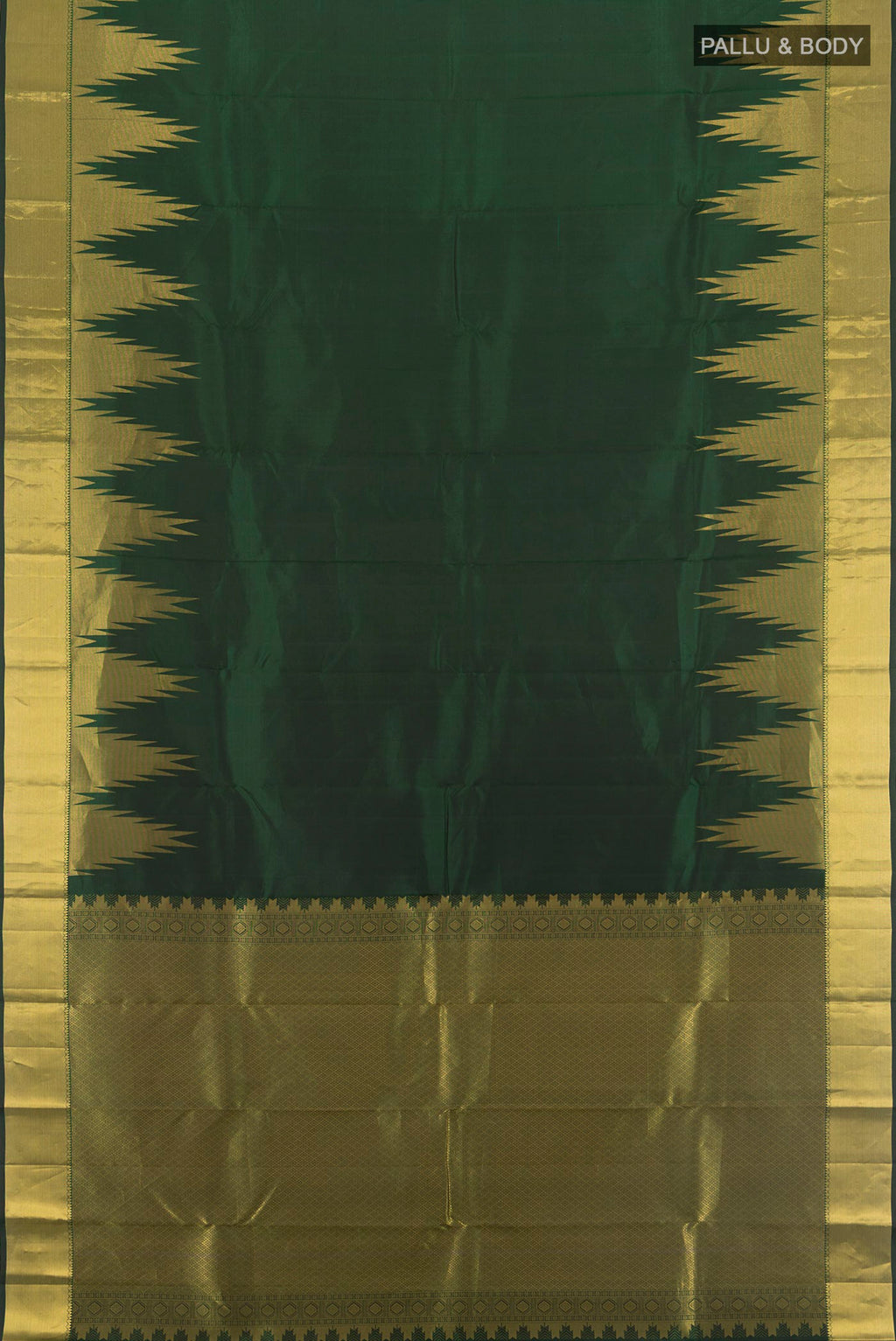 Flat view of Pure Silk Bottle Green Kanchipuram Saree with Plain Body and Temple Border. 