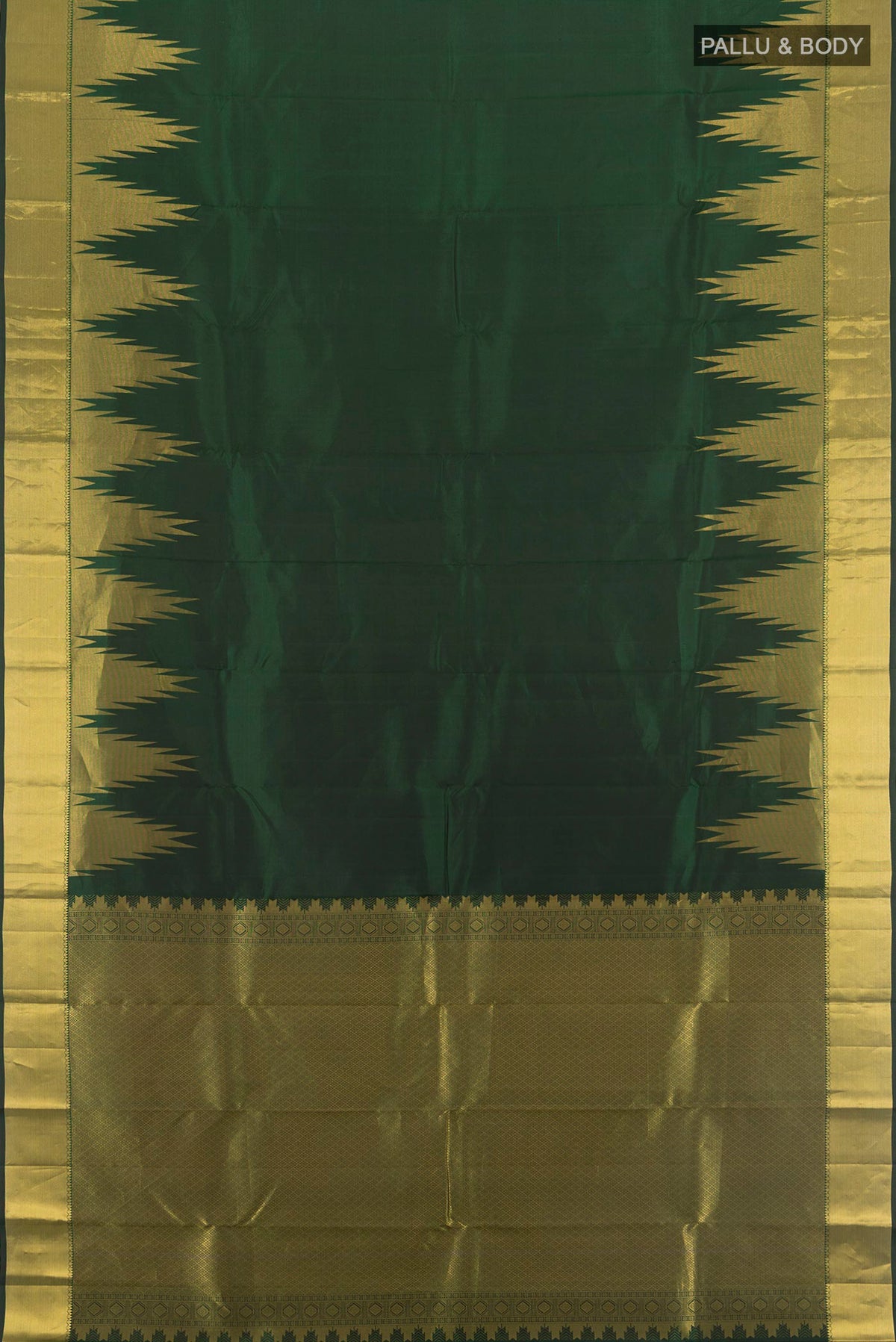 Flat view of Pure Silk Bottle Green Kanchipuram Saree with Plain Body and Temple Border. 