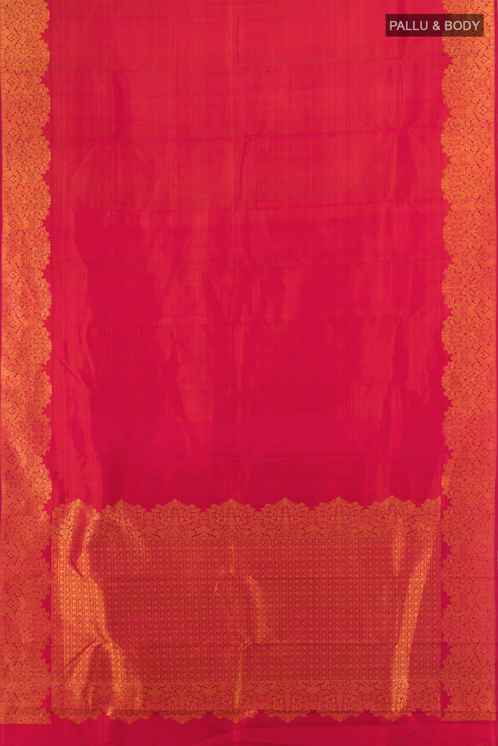 Flat view of Pure Silk Imperial Red Kanchipuram Saree with Zari Butta on the body and Fancy Border. 