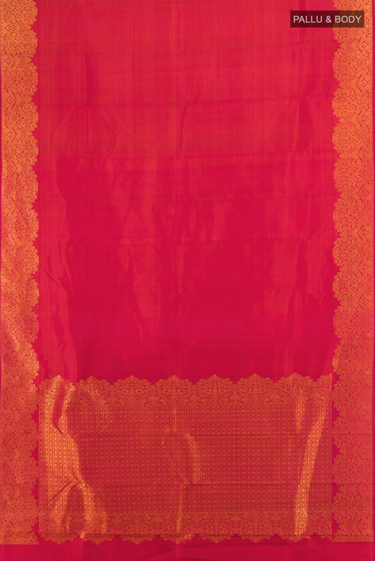 Flat view of Pure Silk Imperial Red Kanchipuram Saree with Zari Butta on the body and Fancy Border. 