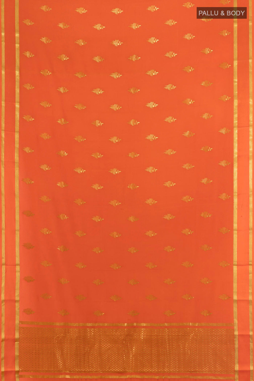 Flat view of Rust Mysore Crepe Saree with Zari Butta on the body and Plain Border. 