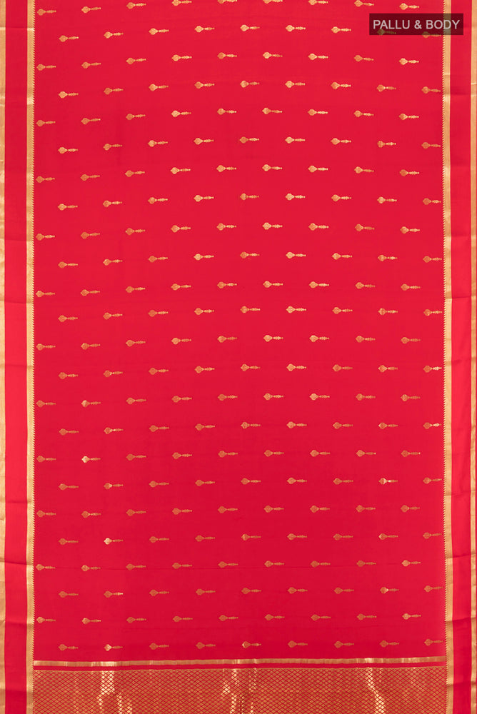 Flat view of Pure Silk Pure Zari Red Mysore Crepe Saree with Zari Butta on the body and Silk Border. 