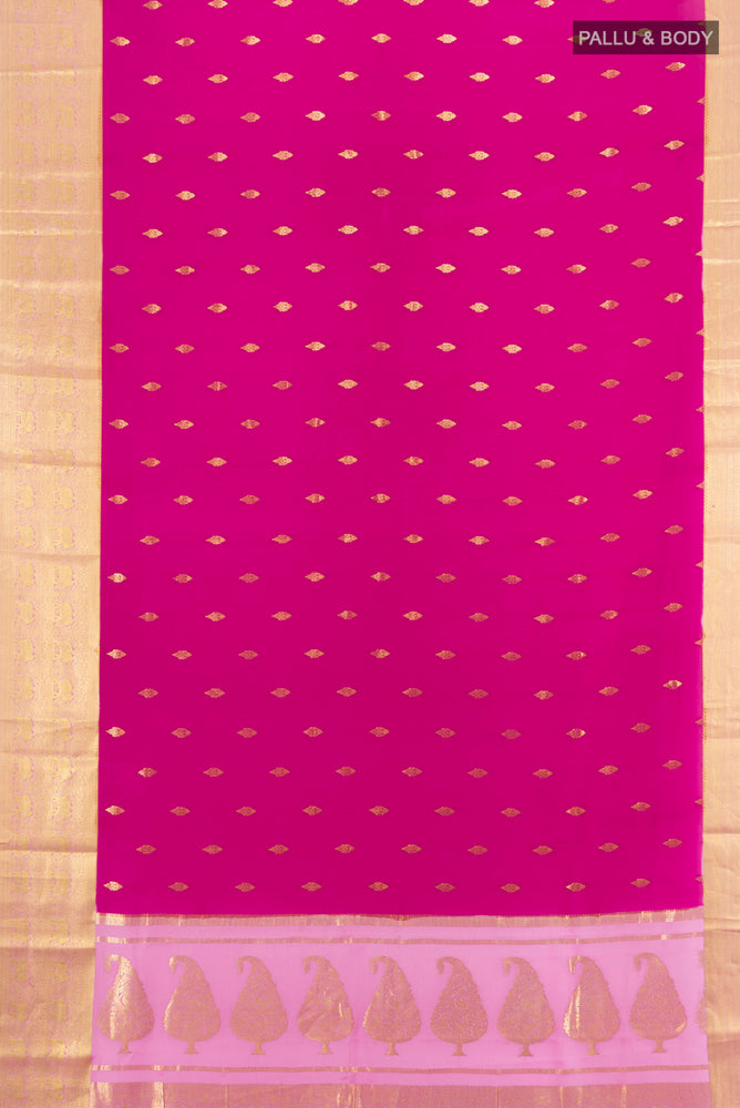 Flat view of Purple Mysore Chiffon Saree with Zari Butta on the body and Silk Border. 