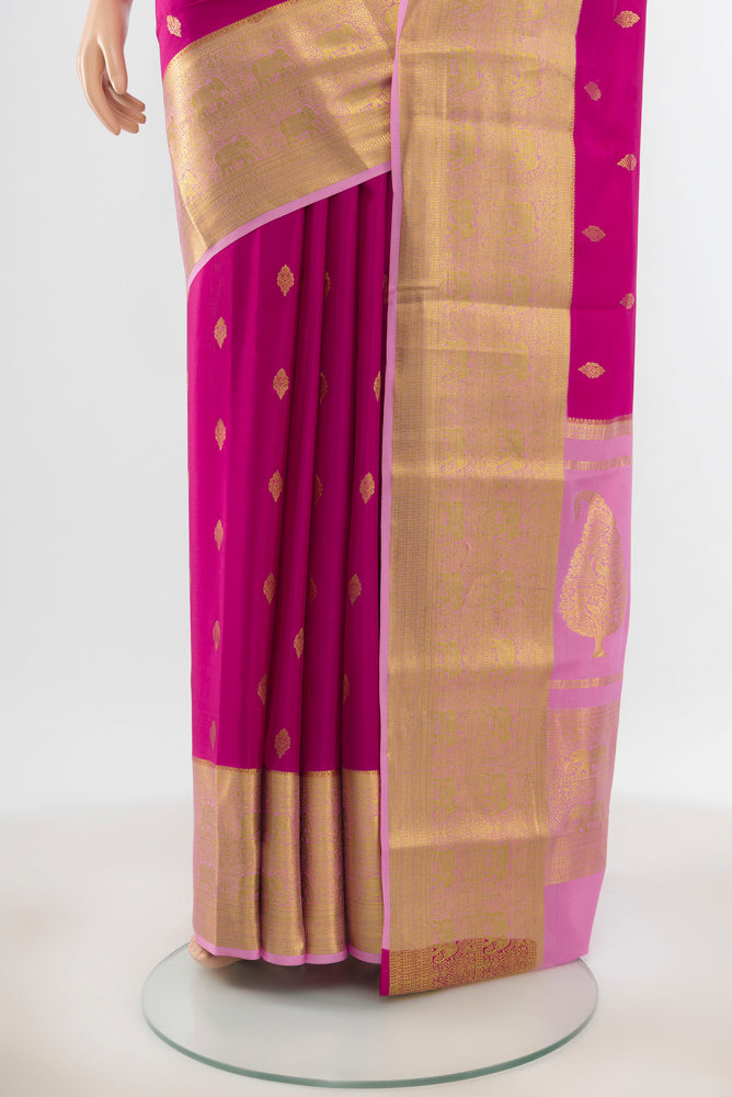 Pleats and pallu of Purple Mysore Chiffon Saree with Zari Butta on the body and Silk Border. 