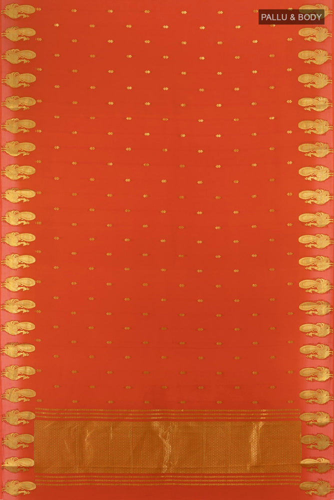 Flat view of Brick Orange Mysore Crepe Saree with Zari Butta on the body and Zari Border. 