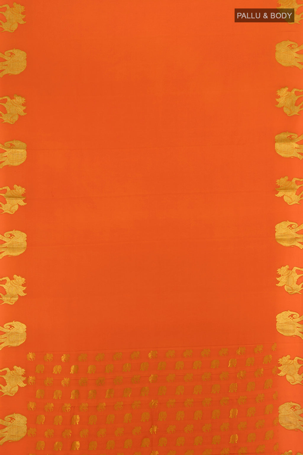 Flat view of Orange Mysore Crepe Saree with Plain Body and Zari Border. 