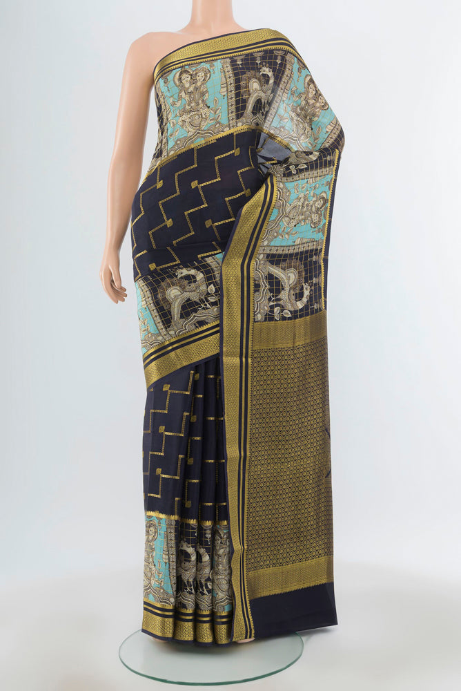 Pure Silk Pure Zari Navy Blue Mysore Crepe Saree with Zari Butta on the body and Silk Border.  displayed on a mannequin