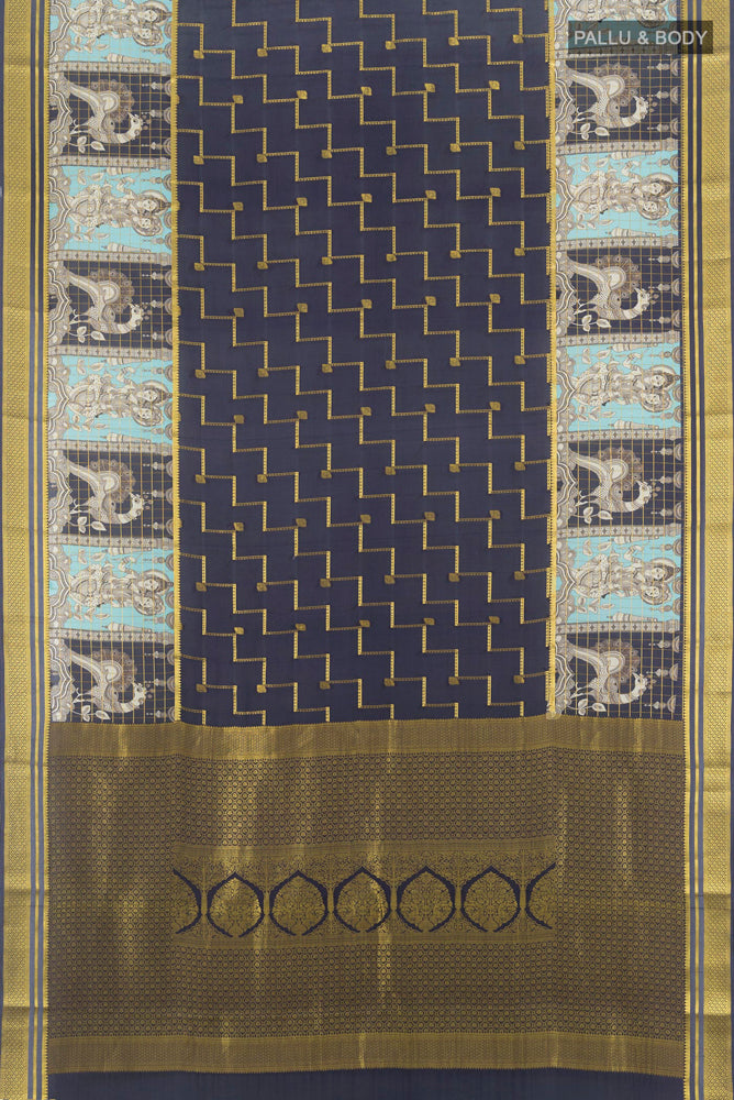 Flat view of Pure Silk Pure Zari Navy Blue Mysore Crepe Saree with Zari Butta on the body and Silk Border. 