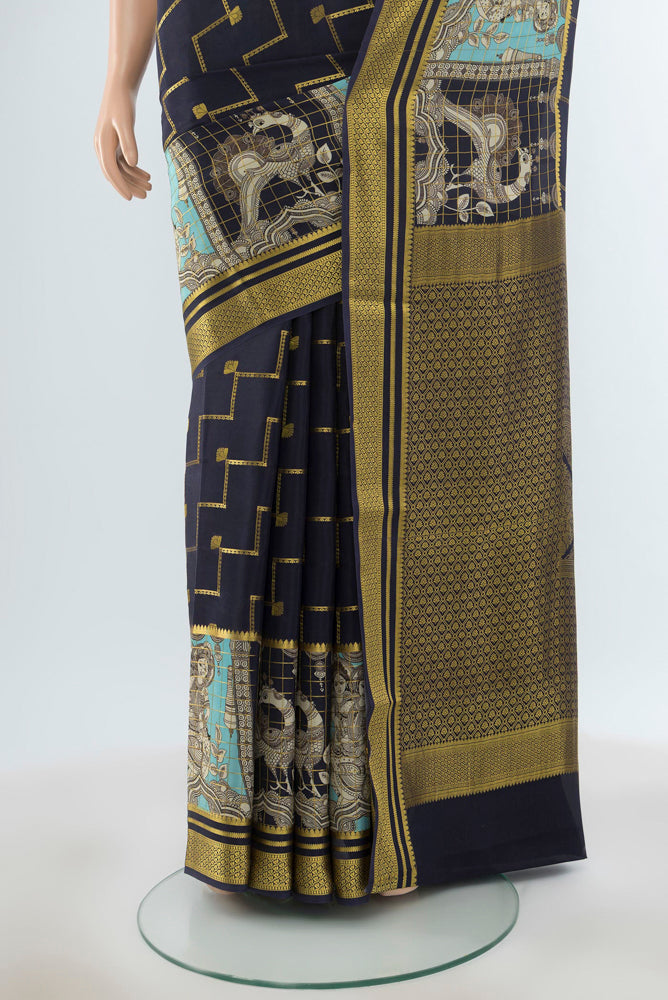 Pleats and pallu of Pure Silk Pure Zari Navy Blue Mysore Crepe Saree with Zari Butta on the body and Silk Border. 
