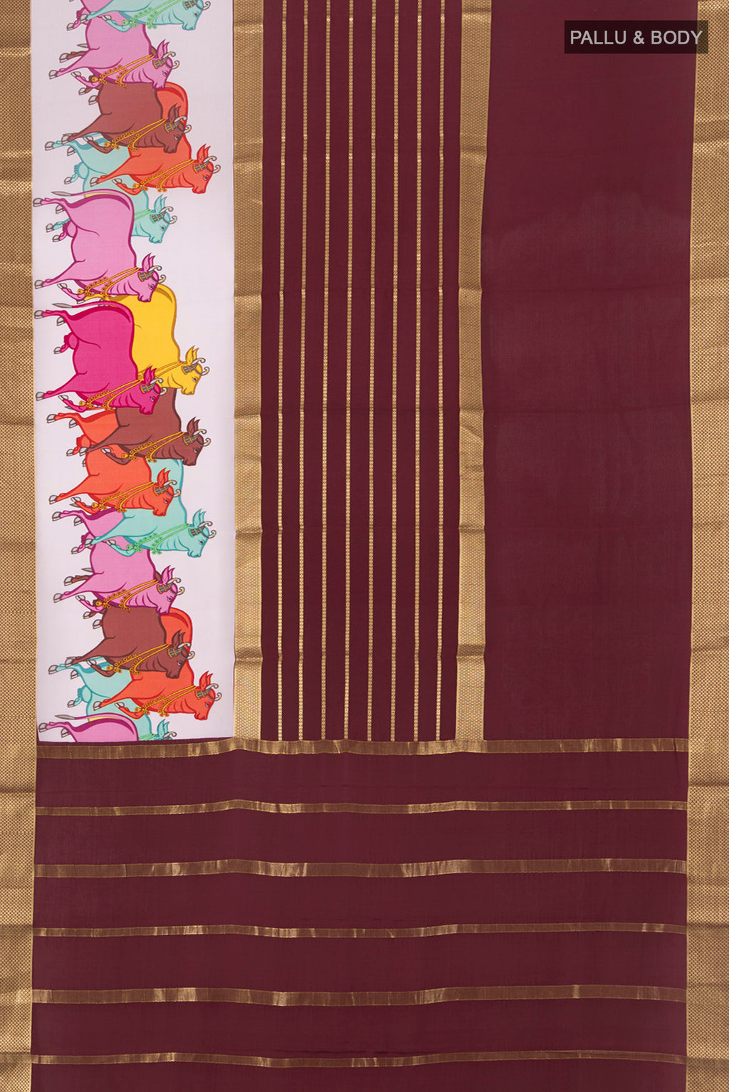 Flat view of Coffee Brown Mysore Crepe Saree with Stripes on the body and Zari Border. 