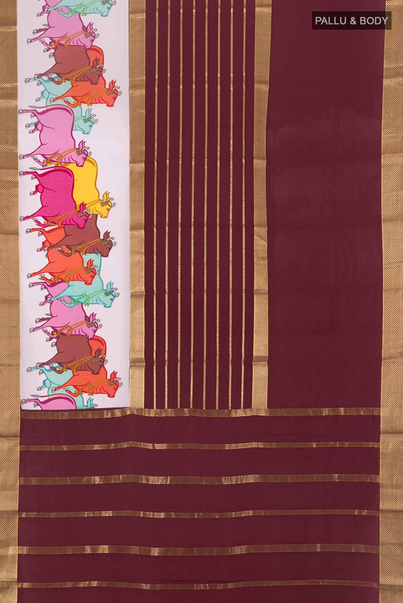 Flat view of Coffee Brown Mysore Crepe Saree with Stripes on the body and Zari Border. 