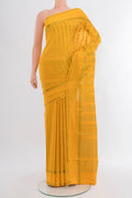 Yellow Mysore Crepe Saree with Stripes on the body and Zari Border.  displayed on a mannequin