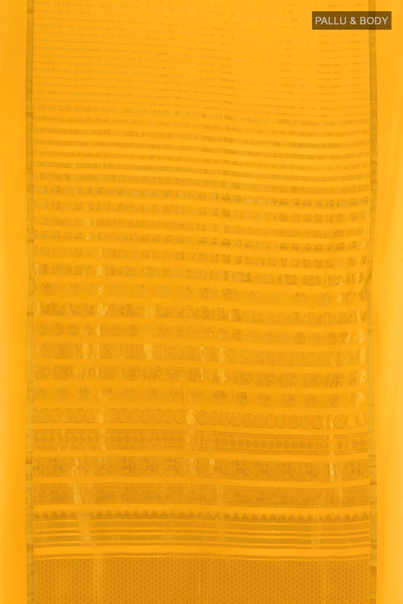 Flat view of Yellow Mysore Crepe Saree with Stripes on the body and Zari Border. 