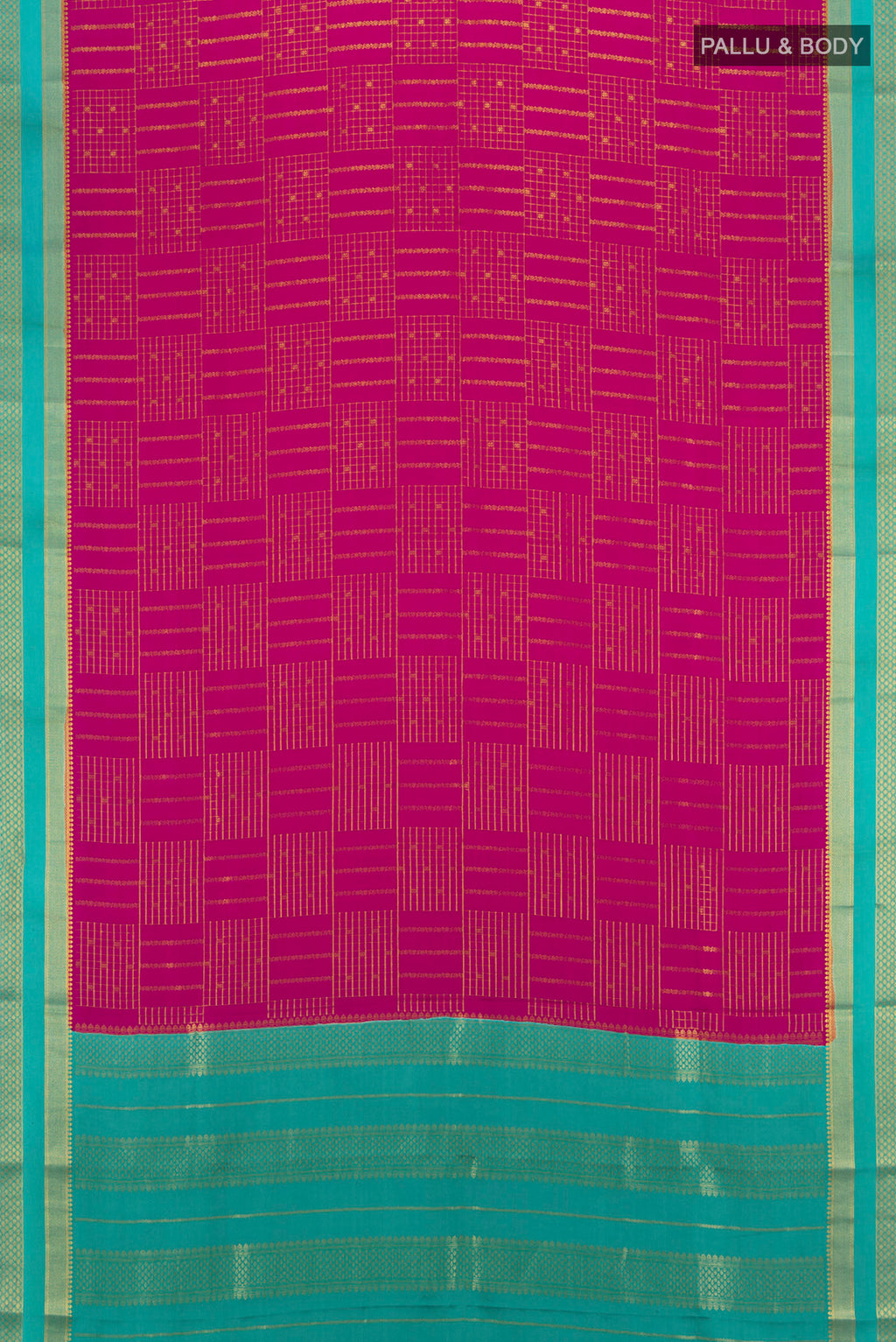 Flat view of Magenta Mysore Crepe Saree with Zari Butta on the body and Zari Border. 