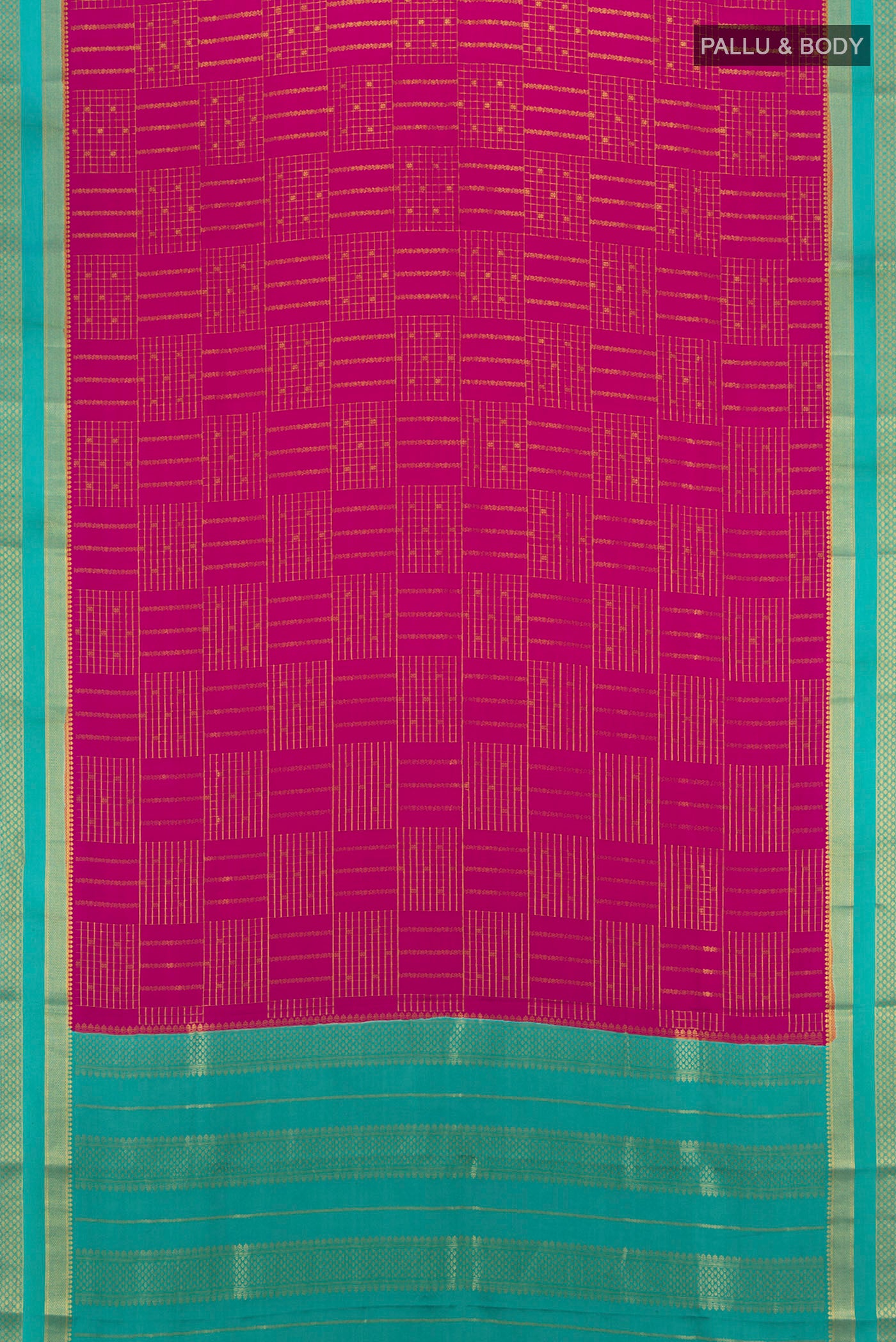 Flat view of Magenta Mysore Crepe Saree with Zari Butta on the body and Zari Border. 