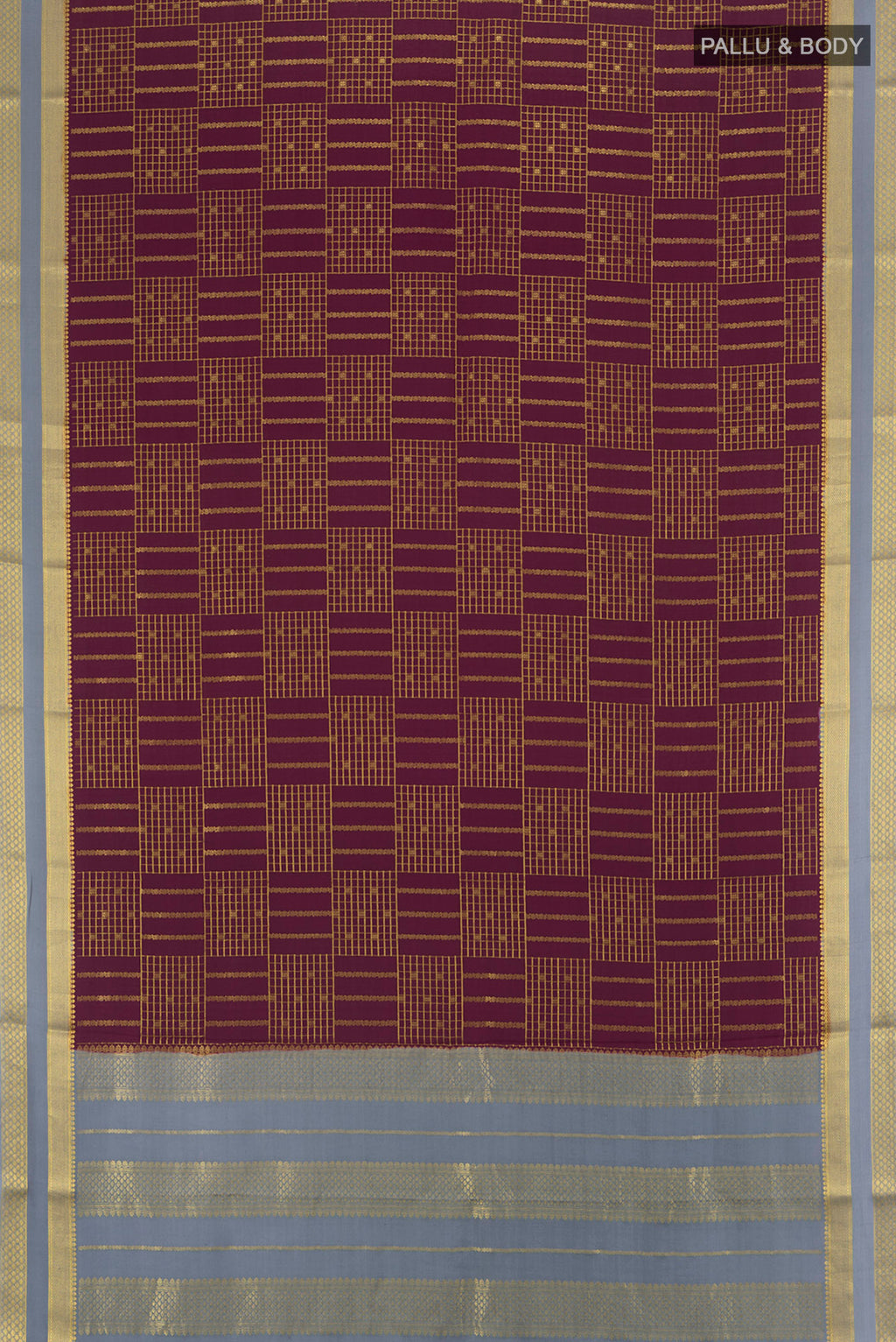 Flat view of Coffee Brown Mysore Crepe Saree with Checked design on the body and Zari Border. 