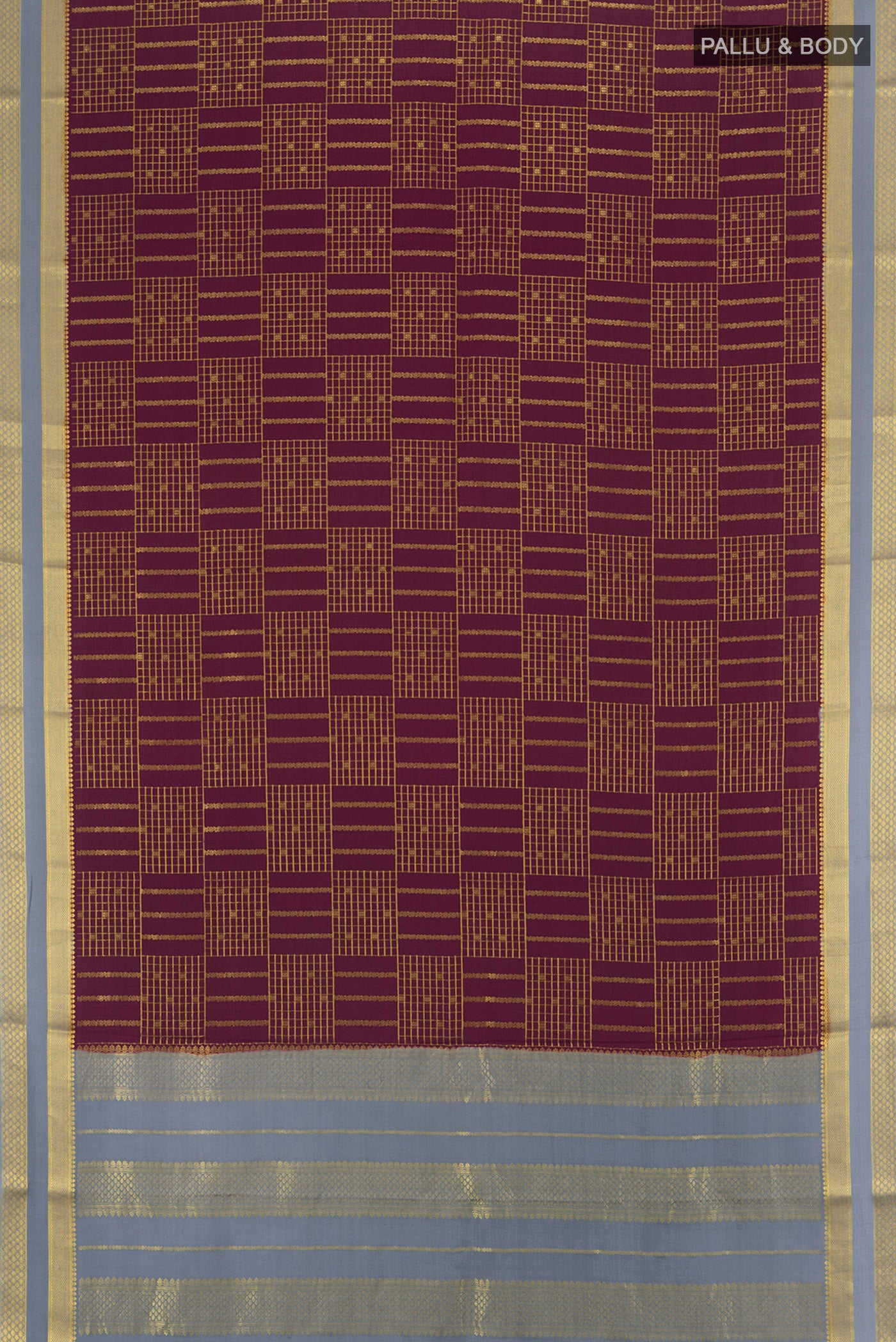 Flat view of Coffee Brown Mysore Crepe Saree with Checked design on the body and Zari Border. 