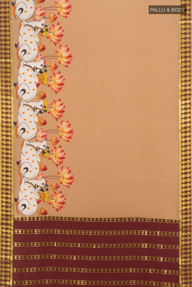 Flat view of Dark Beige Mysore Crepe Saree with Floral Print on the body and Silk Border. 