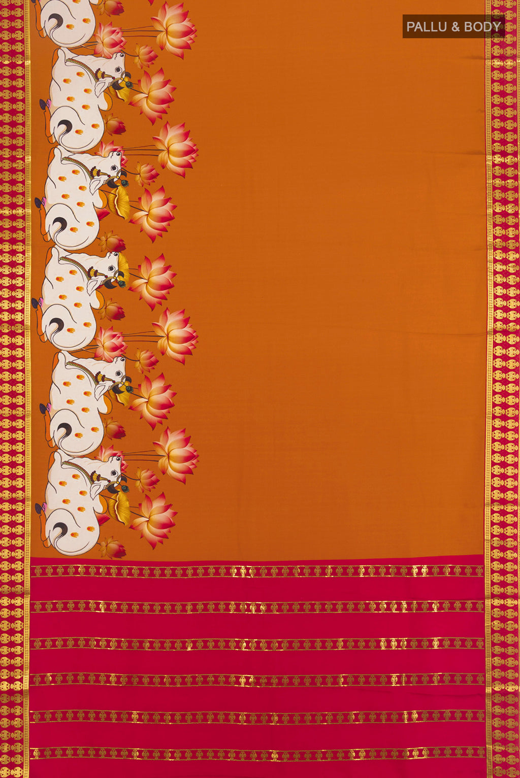 Flat view of Mustard Mysore Crepe Saree with Plain Body and Zari Border. 