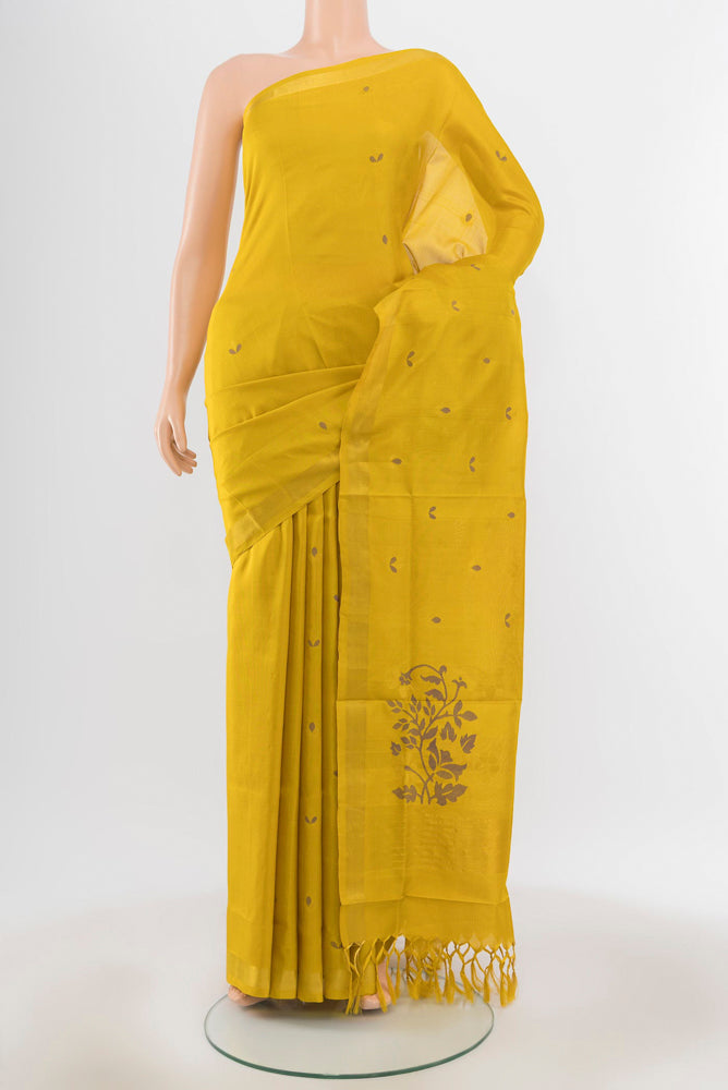 Pure Silk Pure Zari Mehandi Green Uppada Saree with Zari Butta on the body and Silk Border.  displayed on a mannequin