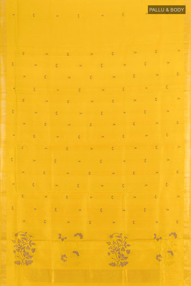 Flat view of Pure Silk Pure Zari Mehandi Green Uppada Saree with Zari Butta on the body and Silk Border. 
