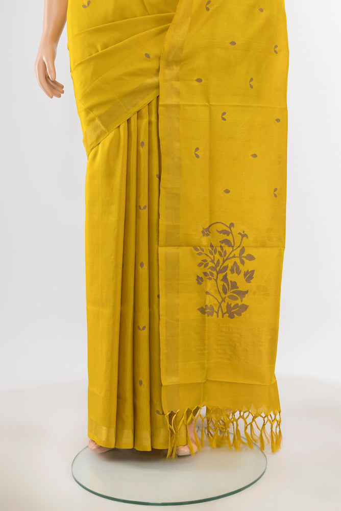 Pleats and pallu of Pure Silk Pure Zari Mehandi Green Uppada Saree with Zari Butta on the body and Silk Border. 