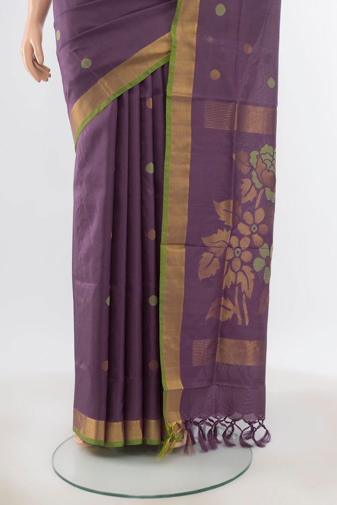 Pleats and pallu of Pure Silk Pure Zari Violet Uppada Saree with Zari Butta on the body and Silk Border. 