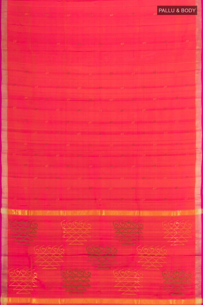 Flat view of Pure Silk Pure Zari Peach Uppada Saree with Zari Butta on the body and Silk Border. 