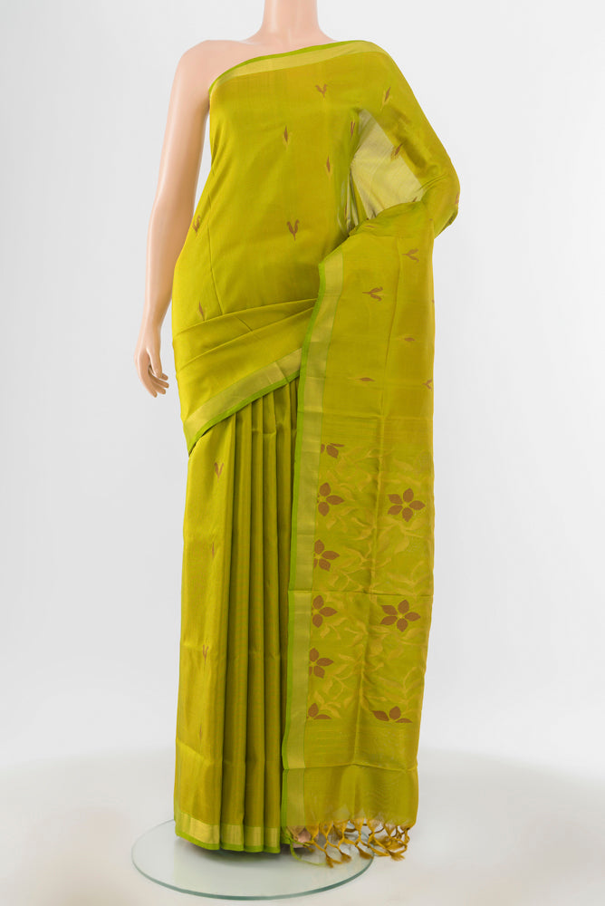 Light Green Uppada Silk Saree with Zari Brocade on the body and Silk Border.  displayed on a mannequin