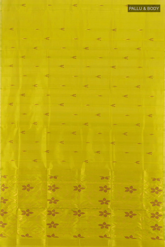 Flat view of Light Green Uppada Silk Saree with Zari Brocade on the body and Silk Border. 
