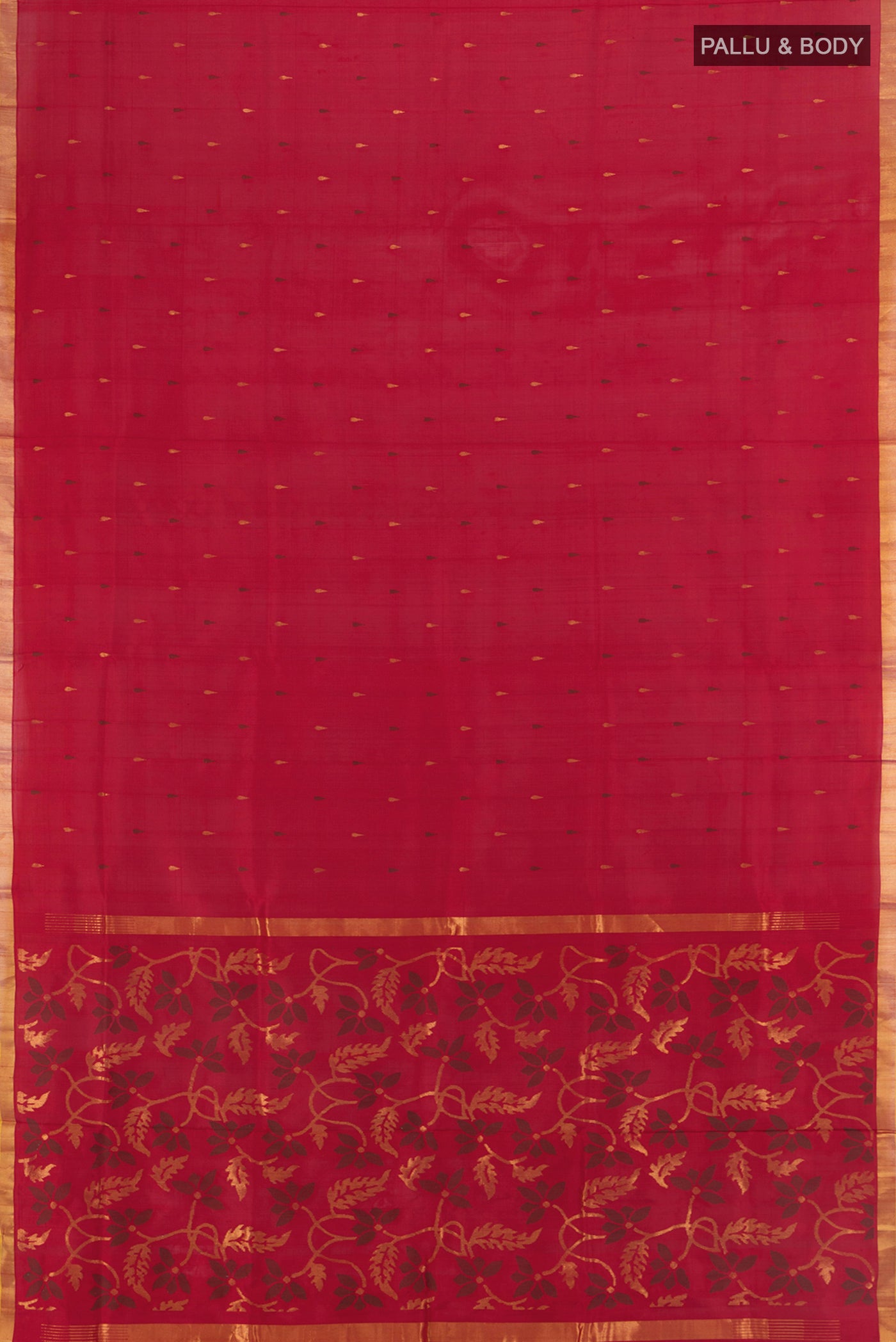 Flat view of Pure Silk Pure Zari Maroon Uppada Saree with Zari Butta on the body and Silk Border. 