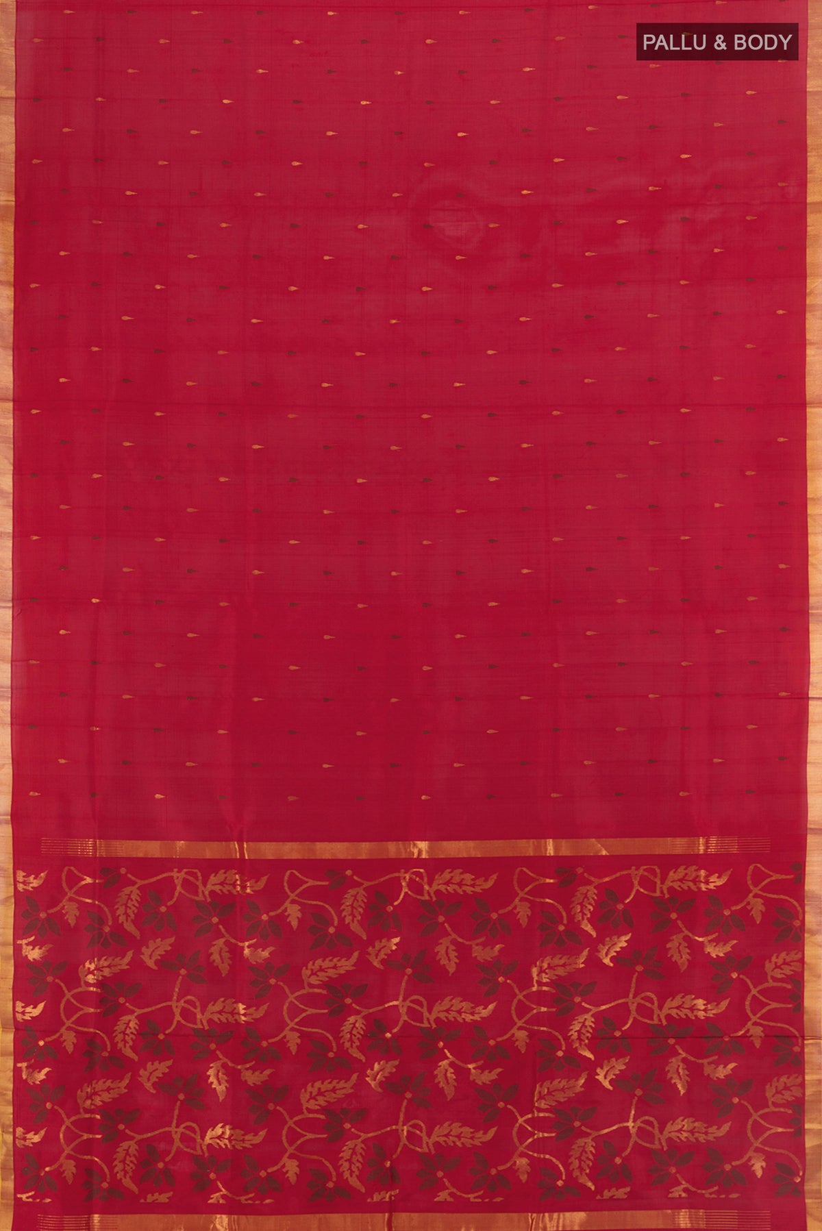 Flat view of Pure Silk Pure Zari Maroon Uppada Saree with Zari Butta on the body and Silk Border. 